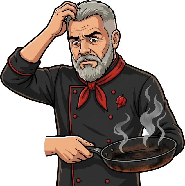 Chef Chris mascot holding a burnt, smoking frying pan and scratching his head