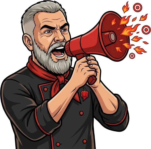 Chef Chris mascot shouting through a megaphone that blasts flames and targets