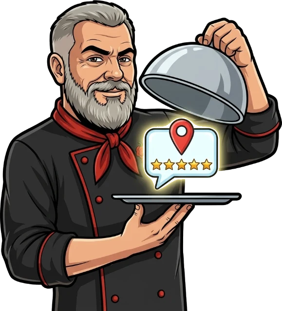 Chef Chris mascot lifting a cloche to serve an AI chat answer with a map pin and five stars