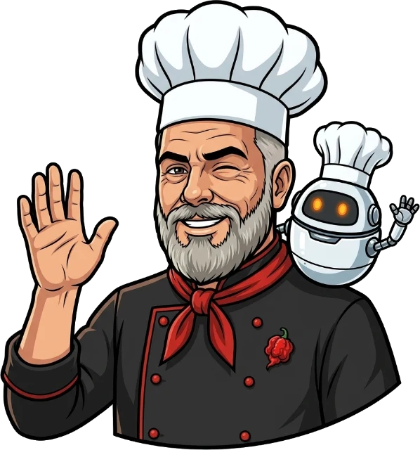 Chef Chris mascot in a chef hat waving, with a small robot sous-chef on his shoulder