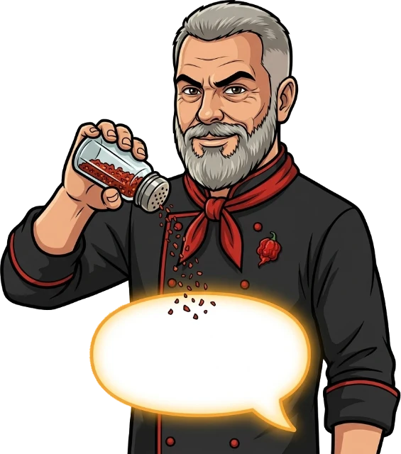 Chef Chris mascot seasoning a glowing AI chat bubble with a pepper shaker