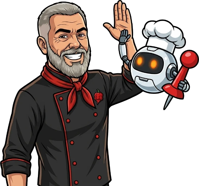 Chef Chris mascot high-fiving a small robot sous-chef holding a map pin