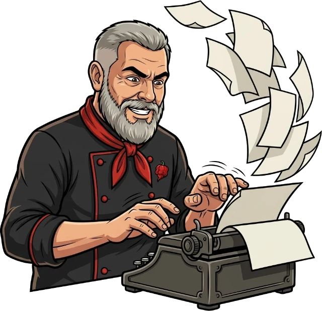 Chef Chris mascot typing on a vintage typewriter with pages flying out