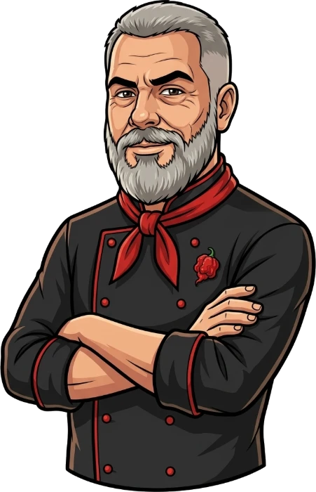 Chef Chris mascot with arms crossed and a knowing half smile