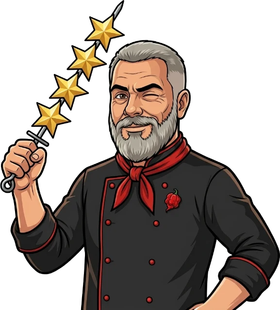 Chef Chris mascot holding a skewer of five gold stars