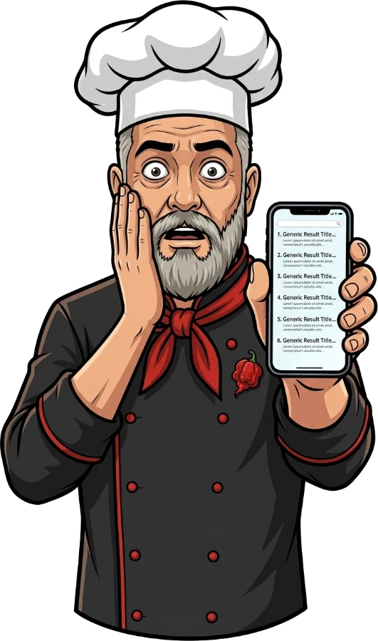 Chef Chris mascot in a chef hat, eyes bulging in shock, pushing a phone of search results toward you