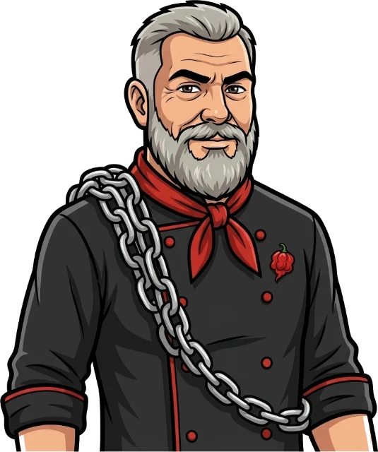 Chef Chris mascot with a string of chain links over his shoulder