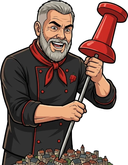 Chef Chris mascot planting a giant red map pin into a small town