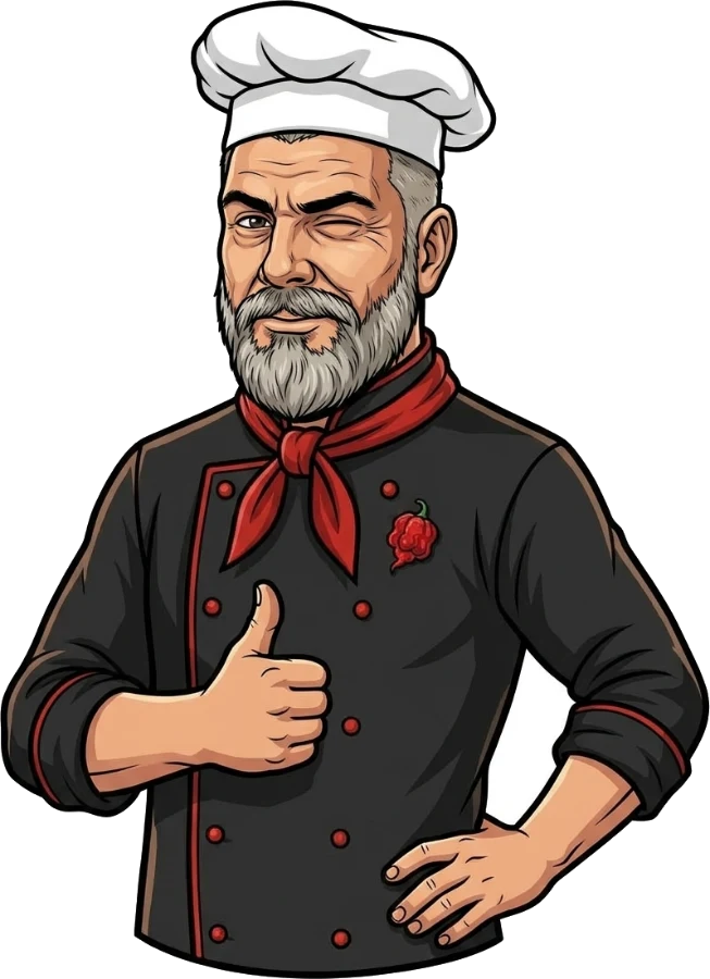 Chef Chris mascot in a white chef hat, winking and giving a thumbs up
