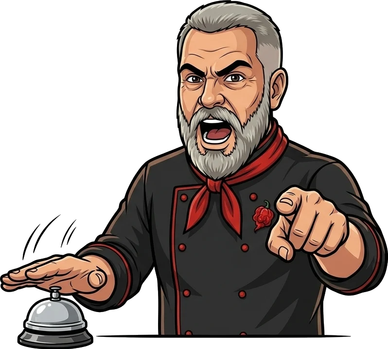 Chef Chris mascot slapping the order bell and pointing at you