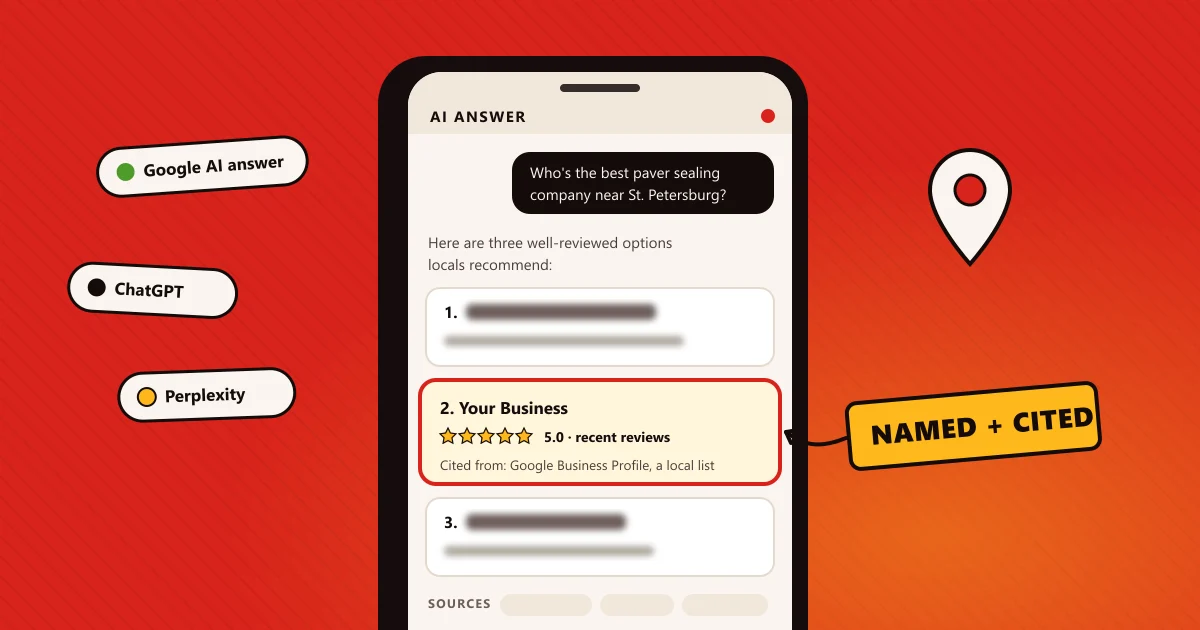 Phone showing an AI answer recommending local businesses, with one business highlighted